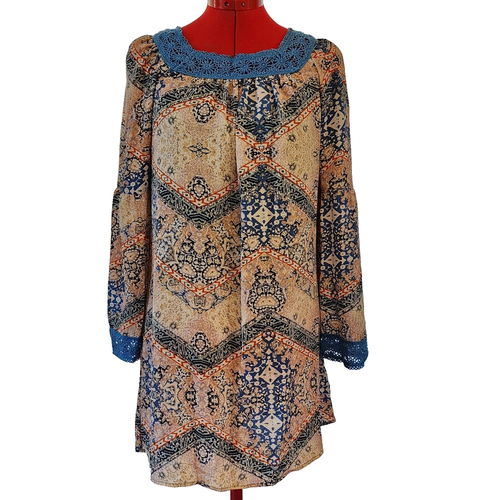Blue Multi Pattern Boho Peasant Tunic Lace Trim Dress By Xhilaration Size S